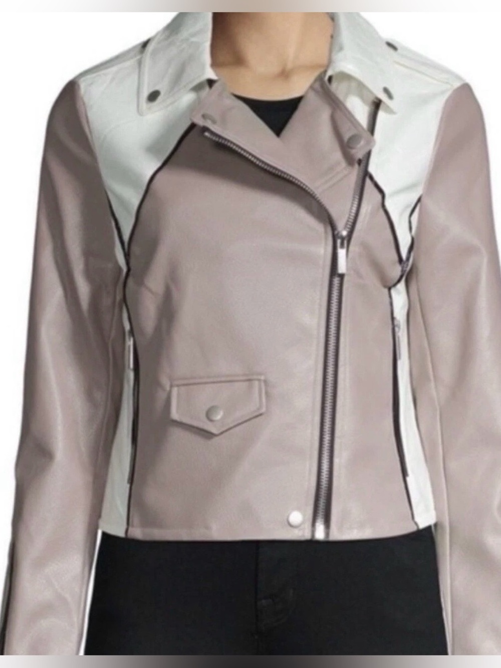 Bagatelle Women's Two-Tone Faux Leather Moto Jacket - Taupe & White
